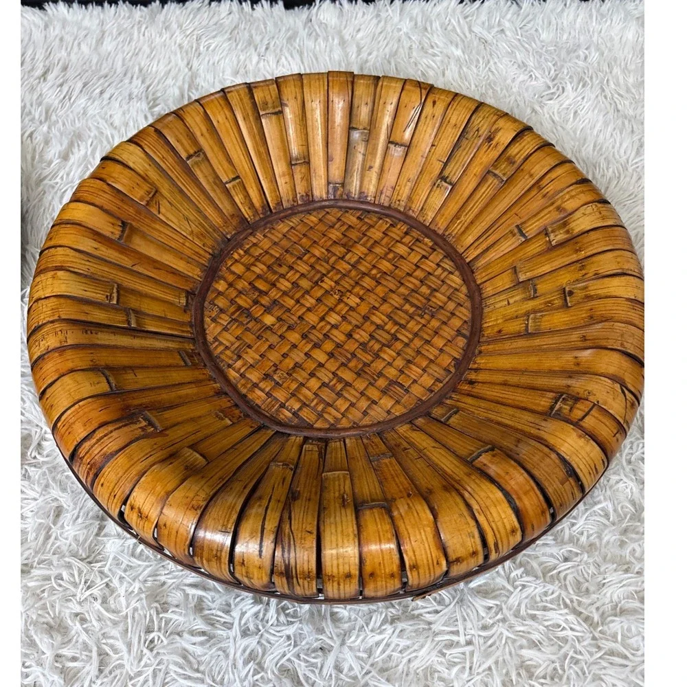 Vintage Bamboo Wicker Ratan Woven Round‎ Tray Centerpiece Natural Boho
